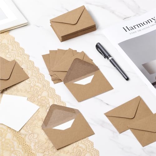 50 Sets Kraft Mini Envelopes with Blank Gift Cards, Business & Note Cards - Wedding Invitation, Graduation, Holiday Pocket Envelopes 4x2.75" Bulk for Party Favors & Scrapbooking