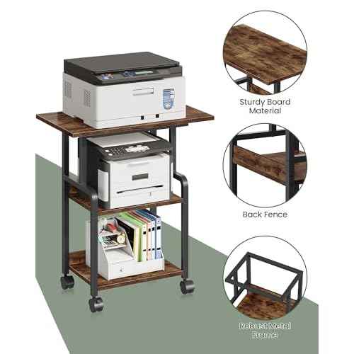 23.6-in Printer Stand with Storage, 3-Tier Printer Table for Home Office, Printer Cart Under Desk Storage, Suitable for Study, Kitchen, Living Room, Rustic Brown and Black TPS02BF