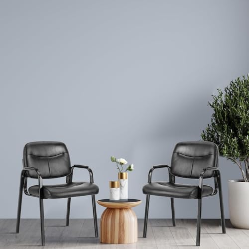 Sweetcrispy Office Reception Guest Chair No Wheels Set of 2, Leather Stationary Waiting Room Chairs with Padded Arms for Elderly Desk Conference Room Lobby Table Side Salon, Inky