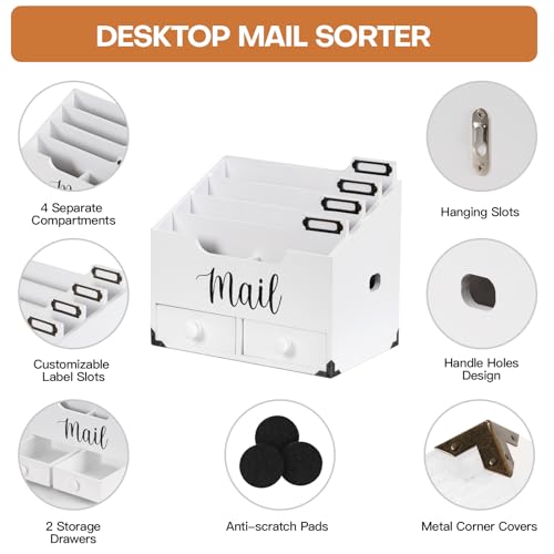 RELBRO Mail Organizer Desktop, Wood Desk Organizer with 2 Drawers, 4 Compartments for Home Office Accessories, White