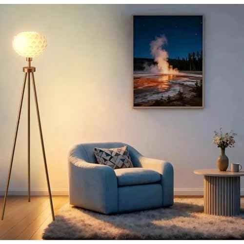 Fiqevs Flower Floor Lamp, Art Decor Gold Mid Century Modern Standing Lamp, Tripod Tall Lamp for Living Room & Bedroom, Home Office - Antique Brass