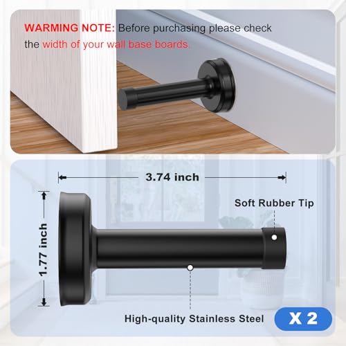 Profasion 2 Pack Door Stopper with Rubber Tip, No-Drill Wall Protection, Stainless Steel, Black