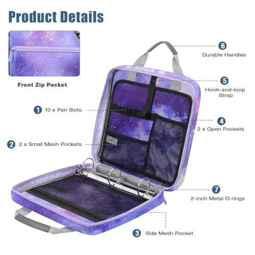 MoKo Zipper Binder, 2 inch 3 Ring Binder with 500 Sheet Capacity Multi-Pocket School Bag with Padded Shoulder Strap Handle, School Supplies Organizer for Middle Student, Star Purple