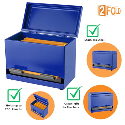 2Fold Pencil Dispenser for Classroom - Stainless Steel Bulk Pencil Holder for Desk - Includes Removable Label Stickers - Teacher Must Haves for Organization - Holds up to 200 Pencils (Blue)