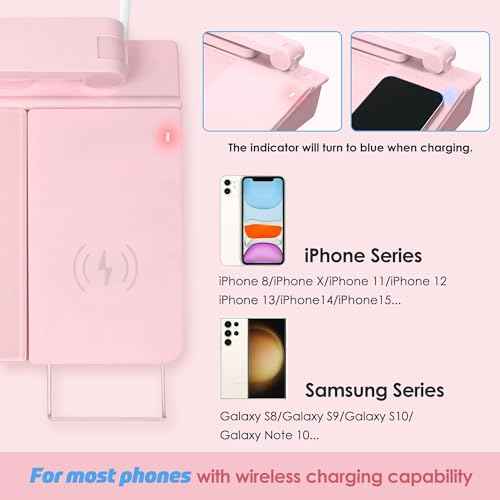 SHANTRA 16'' x 7'' Desktop Whiteboard with Fast Charger Station & Adjustable LED Lamp, Pink Desk Dry Erase Board with Organizer, Computer Pad & Keyboard Stand for Home, School, Office Desk Accessories