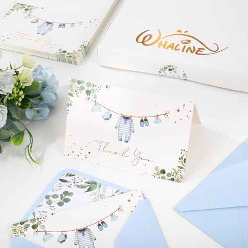 Whaline 50 Pack Baby Shower Thank You Cards Boxed Blue Cloth Note Card with Envelopes Stickers Greeting Blank Cards for Boy Birthday Baby Shower