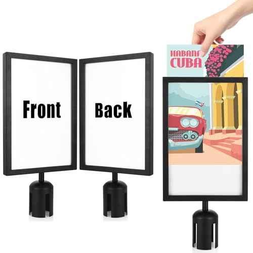 SHUESS 2 Pack Black Stanchion Sign Holder Frame, Double Sided Sign Frame with Cover for 8.5 x 11 Inches Paper Size, Stanchion Top Sign Frames for Crowd Control Sentry Stanchions