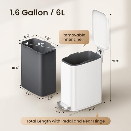 Cesun White Slim Bathroom Trash Can with Lid, Soft Close, 6L/1.6 Gallon