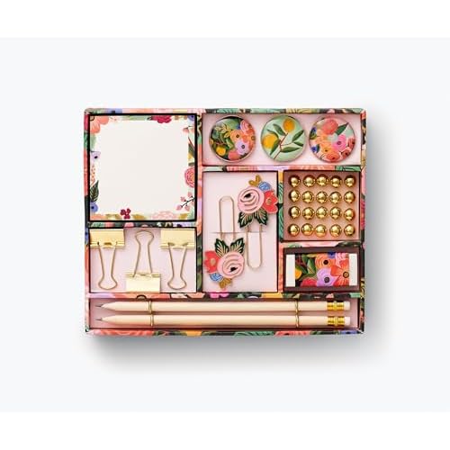 RIFLE PAPER CO. Garden Party Tackle Box, Home Desk and Office Supply Kit, Stay Organized with Pencils, Push Pins, Binder Clips, Paper Clips, Magnets, and More