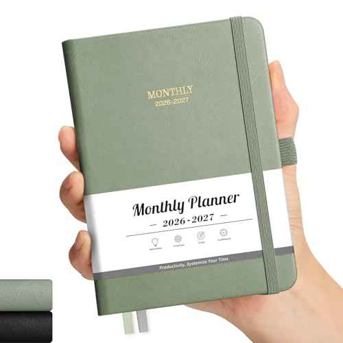 2026-2027 Monthly Planner, Jan 2026 - Dec 2027, Pocket Size (4.3" x 5.9"), 2026-2027 Calendar, 24 Self-adhesive Monthly Tabs, Leather Hardcover, 100 GSM Thick Paper (Light Green)