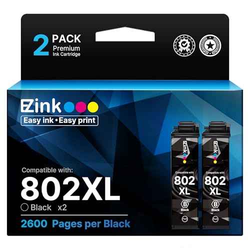 E-Z Ink Remanufactured Epson 802 Ink Cartridges Replacement for Epson 802XL 802 XL T802XL T802 XL Ink Cartridges to use with Workforce Pro WF-4740 WF-4730 WF-4720 WF-4734 EC-4020 EC-4030 (2 Black)