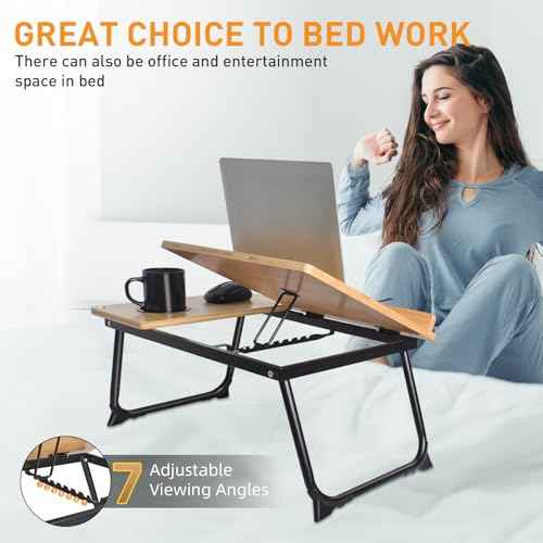 wishacc Book Stand for Reading in Bed, Bamboo Laptop Stand Adjustable Book Holder Tray with Page Paper Clips Multi Angles Adjustable Cooking Bookstands for Textbook Recipe Magazine Tablet Portable