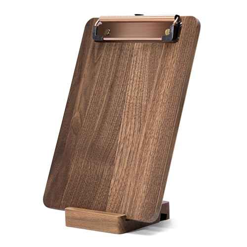 Walnut Wood Clipboard, 9" x 6.3" Small Menu Clip Board with Metal Clip and Stable Base, Solid Hardwood, Smooth Edges, Free Stand Holder for Bar, Restaurant, Coffee Shops, Countertops