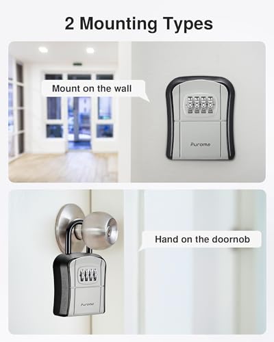 Puroma 4-Digit Combination Key Lock Box Gray Outdoor Security Safe - Removable Shackle & Wall Mount