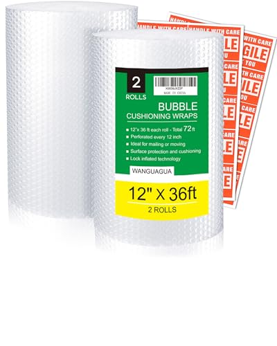 Wanguagua Bubble Packing Wrap - 12 Inch x 36 Ft. Rolls, 2-Pack for Moving & Shipping
