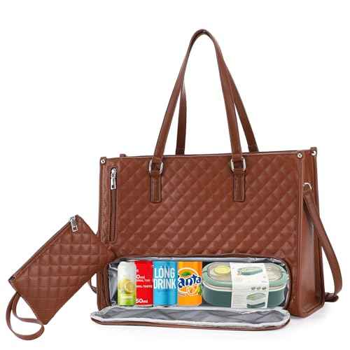 Laptop Tote Bag with Insulated Lunch Compartment for Women, 15.6 Inch PU Leather Briefcase with Leakproof Lunch Box Pocket