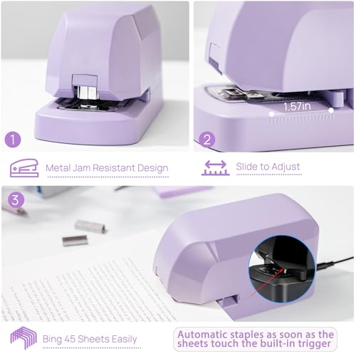 SYLCXX Electric Stapler for Desk – 45-Sheet Capacity, Purple Value Pack (Includes Staples & Remover) with AC Adapter