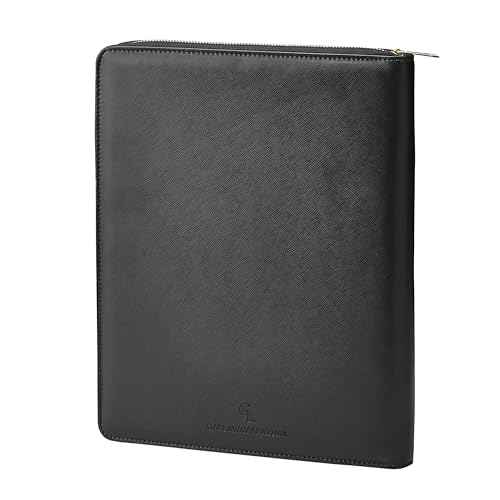Gallaway Leather Genuine Leather Zippered Portfolio Organizer, Executive Business Binder Padfolio for Men and Women, Holder for Notebook Planner,Resume,Documents,Cards and iPad (Black)