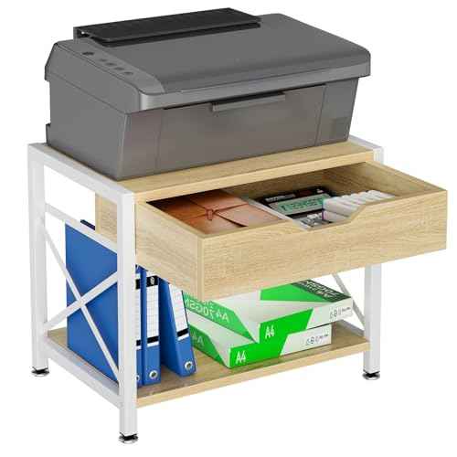 IBUYKE 2 Tier Desktop Printer Stand,Multi-Purpose Desk Organizer,Wooden Printer Stand with Drawer Storage for Folders,Books,for Fax Machine, Scanner,Home Office,Light Wood TLJ012R
