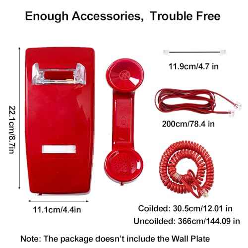 2554 No Dial Wall Phone with Metal Ringer, No Dialpad Wall Telephone,No AC Power Required, Wall Mount No Dial Phone, Wall Telephone Without Keypad for Hotel, Kitchen,Home,Bar, Garage, Red