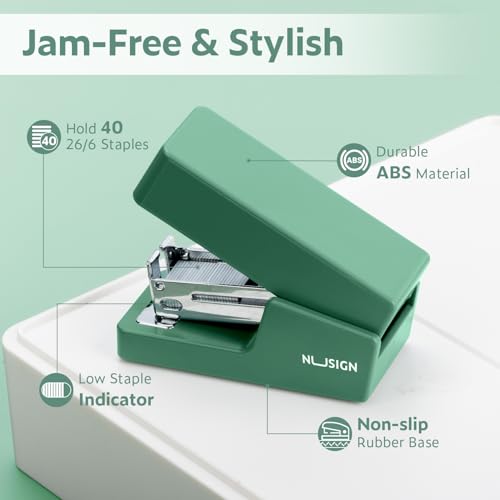 NUSIGN Mini Stapler with 830 Staples - Green, 25 Sheet Capacity, Compact Desk Stapler