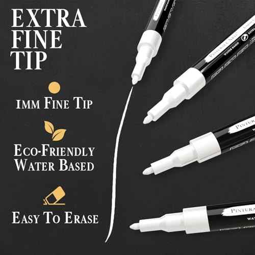 4 Extra Fine Tip White Chalk Markers | 1mm Tip | For Windows, Blackboard, Dry Erase Board, Chalkboards, Glass, Easy Erase | White Chalk Pens Fine Tip
