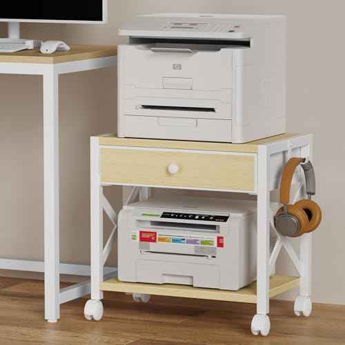 EasyCom 2-Tier Desktop Printer Stand with Large Drawer, Under Desk Storage with Wheels, Small Shelf with Storage for Paper Storage Printer Scanner Fax Home Office Use Beige