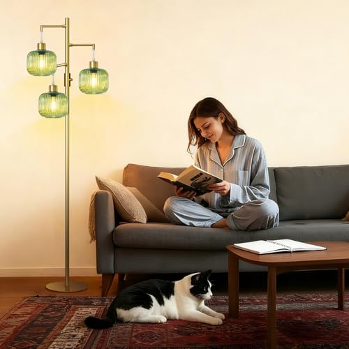 Gold Floor Lamp for Living Room, Dimmable Tree Standing Lamp with Green Glass Shape, Modern Tall Lamps for Bedroom, 3¡¿600LM LED Bulbs Included