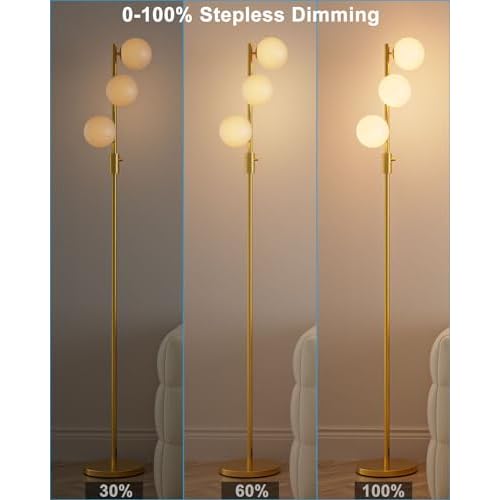FAITHSAIL 3 Globe Mid Century Floor Lamp, Dimmable Modern Standing Lamp with PC Shade & 3pcs Warm White LED Bulbs, Gold Tall Tree Lamp for Living Room, Bedroom