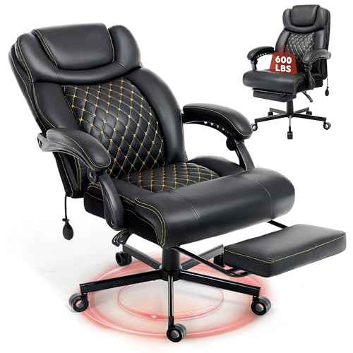 600LBS Big and Tall Office Chair for Heavy People, Reclining Executive Office Chairs with Foot Rest&Air-Adjust Lumbar Support, PU Ergonomic High Back Computer Chair Double Space Casters,Black