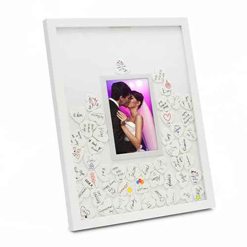 MIMOSA MOMENTS Autograph Picture Frame, Alternative Wedding Guest Book, Baby Shower Guest Book (White with 80 hearts)