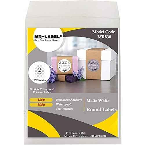 Mr-Label 2" Round White Synthetic Paper Sticker Label - Waterproof and Tear-Resistant - for Inkjet & Laser Printer - for Food Package | Bottle | Jar | Envelope (100 Sheets Total 1200 Labels)