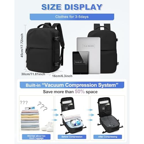 winspansy Large Travel Backpack Storage Vacuum Compression Seal Bags for Women Men Clothing with Pump Personal Item Work Carry on Business Vacpack College Laptop Backpack Black