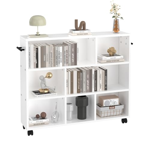 VECELO Book Cart, Library Wood Rolling Book Truck with Lockable Wheels, for Home Office, White