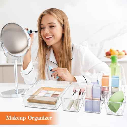 25 PCS Plastic Drawer Organizer Set, 4-Size Versatile Organizer Trays & storage Bins for Makeup, Jewelry, and Gadgets in Bathroom, Bedroom and Office,Clear White
