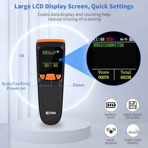 OBZ Mini 2D Bluetooth Barcode Scanner with LCD Screen Display, 3-in-1 Bluetooth & USB Wired & 2.4G Wireless Bar Code Scanner Portable QR Code Scanner for Tablet iPhone MacOS Android iOS Windows PC POS