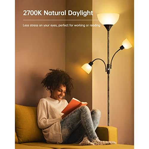 Floor Lamp, Torchiere Floor Lamps for Living Room, 71 Inch Tall Standing Lamp, Bedroom Lamps with Gooseneck Light, Rotary Switch, 3 Plastic Lampshade, Torch Floor lamps for Bedroom (Bronze, No Bulb)