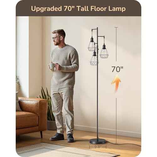 EDISHINE 70IN Farmhouse Floor Lamps for Living Room, Dimmable Industrial Tall Standing Lamps 3 LED Edison Bulbs Included, Diamond-Shaped Cage, Rustic Tree Corner Light for Bedroom, Office, Black