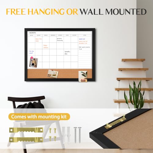 Dry Erase Calendar Whiteboard for Wall, WALGLASS 36" X 24" Cork Monthly Calendar White Board Combo with Aesthetic Wood Framed, Hanging Wall Mounted Large Bulletin Board for Home, School, Office