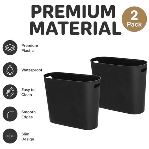 ROYFACC Black Slim 3.2 Gallon Plastic Trash Can with Handles, 2 Pack