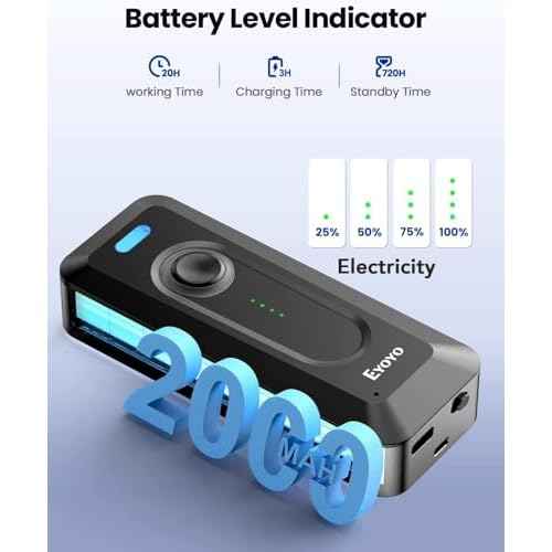 Eyoyo 2D Bluetooth Barcode Scanner Wireless with Clip, 2000mAh Battery with Level Indicator, Portable Mini QR Bar Code Reader for Library Book Inventory Compatible with iPhone, iPad, Android Phone