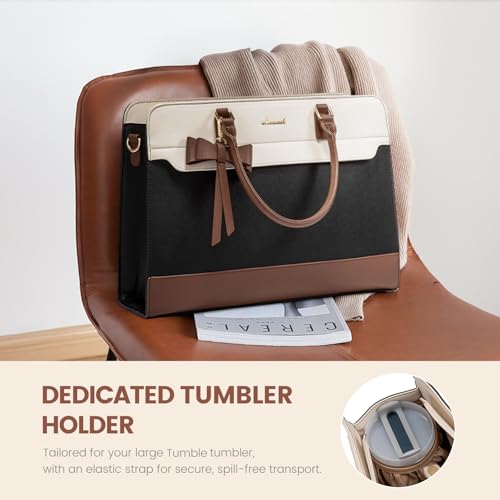 LOVEVOOK 15.6 Inch Leather Laptop Tote Bag for Women, Waterproof Office Work Bag, Black-White-Brown