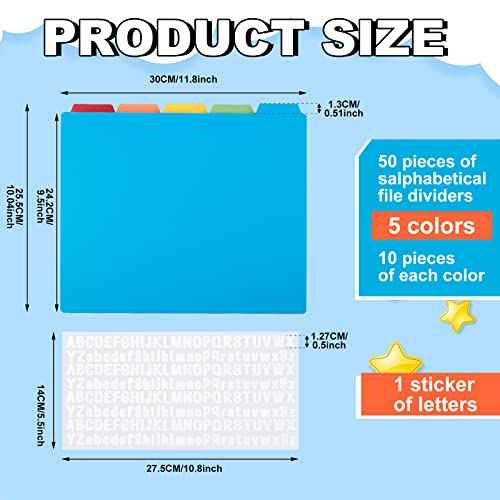 51 Pcs Top Tab File Guides Alphabetic File Dividers Alphabet Sticker, a-z 1/5 Tab Dividers for Office Business Classroom Products, Polypropylene, 11.8 x 10 Inch