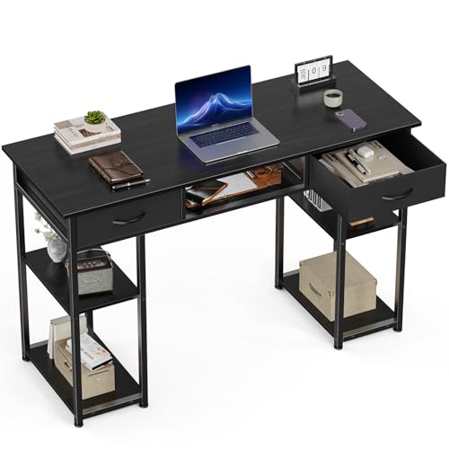 OLIXIS 48 Inch Desk with Drawers, Home Office Computer Desk with Adjustable Shelves on Both Sides, Study Writing Table with Adjustable Feet for Bedroom, Black