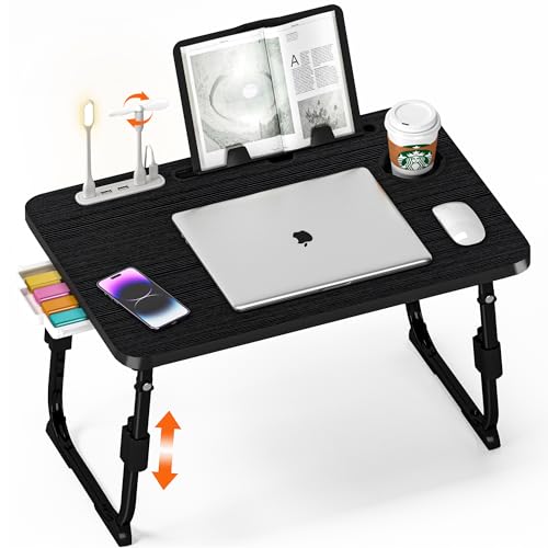 Laptop Desk for Bed Height Adjustable, Lap Bed Table with USB/Storage Drawer/Cup Holder/Tablet Stand/Book Shelf, Foldable Breakfast Tray Portable for Reading Writing, Sofa & Floor, Black