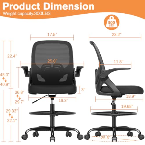 ORRSAKER Drafting Chair Tall Office Chair with Flip-Up Arms – Adjustable Ergonomic Mesh Chair, 300 lb Capacity, Black (O355-S)