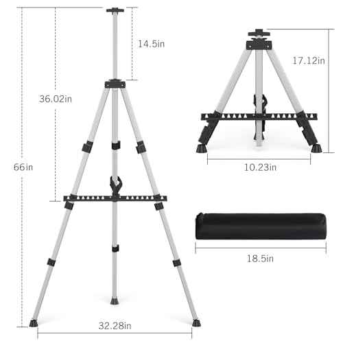 Portable Art Painting Easel Stands - Adjustable Display Artist Tripod Metal Easels with Bags for Table-Top/Floor Painting, Height from 17 to 66 inches, Sturdy for Drawing, Displaying - Silver