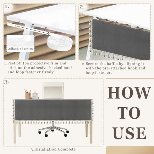 HolyMaji 48" Linen Under Desk Privacy Panel with Tassel Border – Self-Adhesive Modesty Screen (Grey)