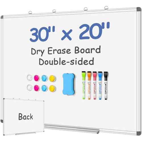 EAONE Magnetic Dry Erase Board for Wall 30¡± x 20¡±, Double Sided White Board, Silver Aluminum Frame Whiteboard Kit for Office Home School, with 1 Dry Eraser & 4 Magnetic Pins & 5 Multicolor Markers