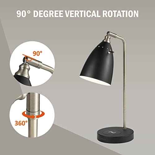Black Table Lamp with Wireless Charger, Super Bright LED Desk Lamp for Dorm, Industrial Desk Lamps for Home Office, Study Room, Children' Room, 100% Metal